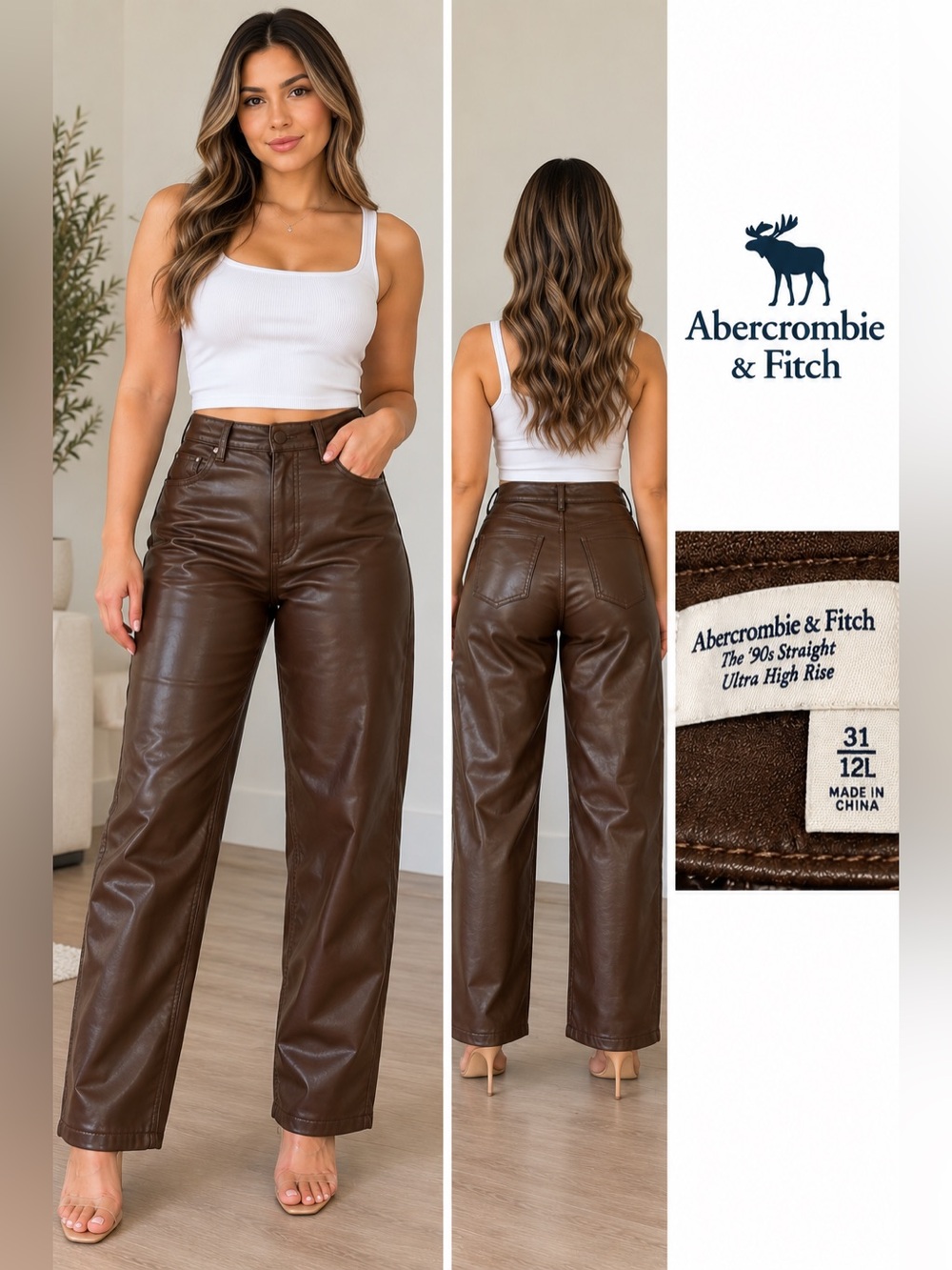 Abercrombie & Fitch Women's Dark Brown Straight-Leg Faux Leather Jeans size 31